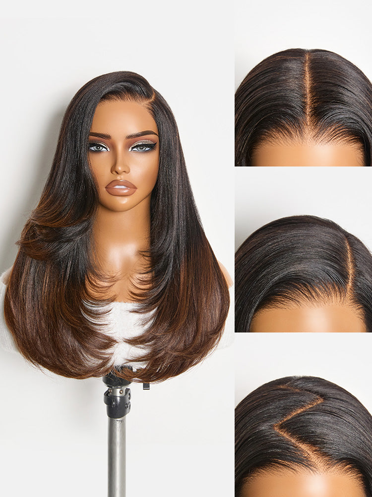 Luvme All-Day Comfort™ Wig 180% Density Ombre Brown Butterfly Cut Layered Light Yaki Straight Glueless 7x6 Closure HD Lace Human Hair Wig Pre-Cut Lace