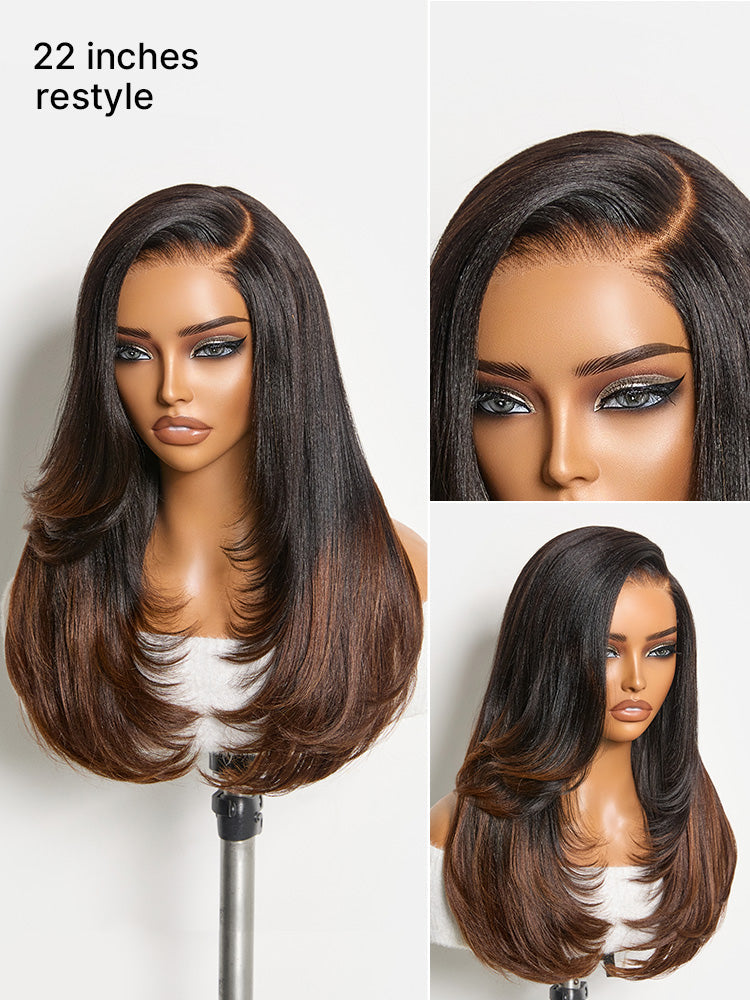 Luvme All-Day Comfort™ Wig 180% Density Ombre Brown Butterfly Cut Layered Light Yaki Straight Glueless 7x6 Closure HD Lace Human Hair Wig Pre-Cut Lace