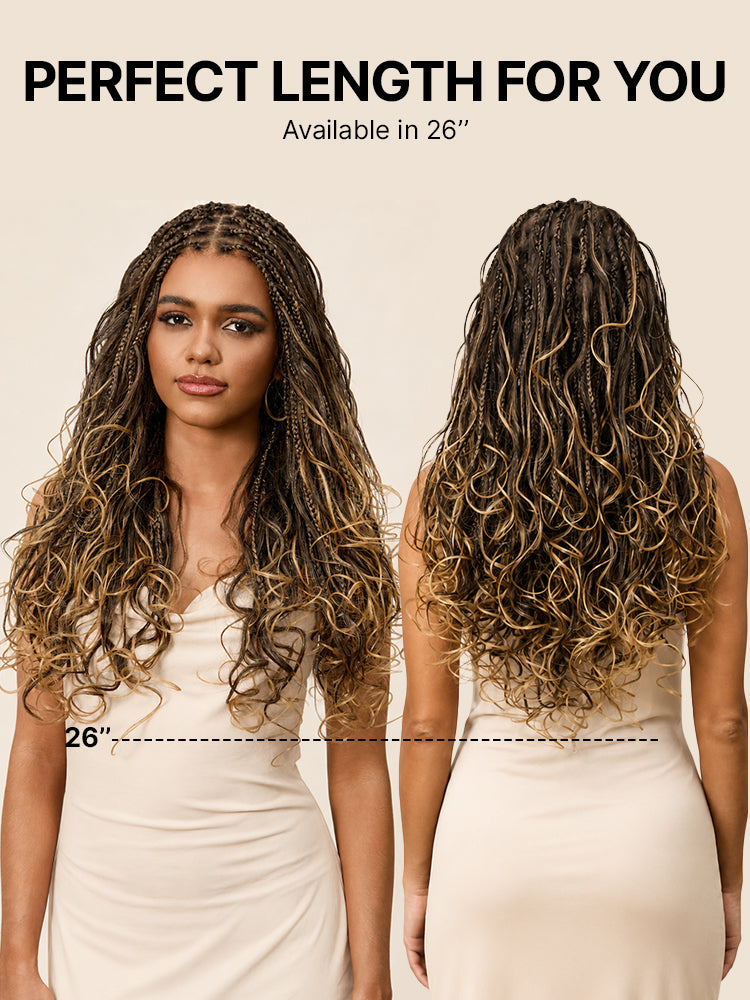 OwnScalp™Ombre Honey Blonde French Curl Knotless Boho Braids HD Full Lace Long Wig Flexi Fit Invisi Drawstring Cap - US Only