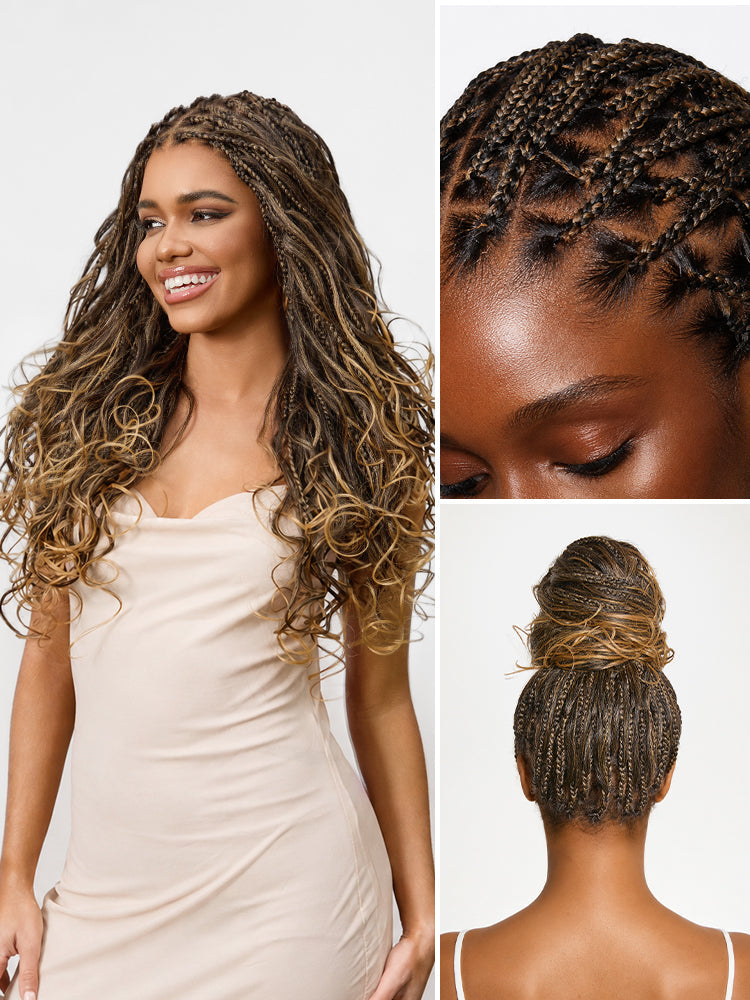 OwnScalp™Ombre Honey Blonde French Curl Knotless Boho Braids HD Full Lace Long Wig Flexi Fit Invisi Drawstring Cap - US Only