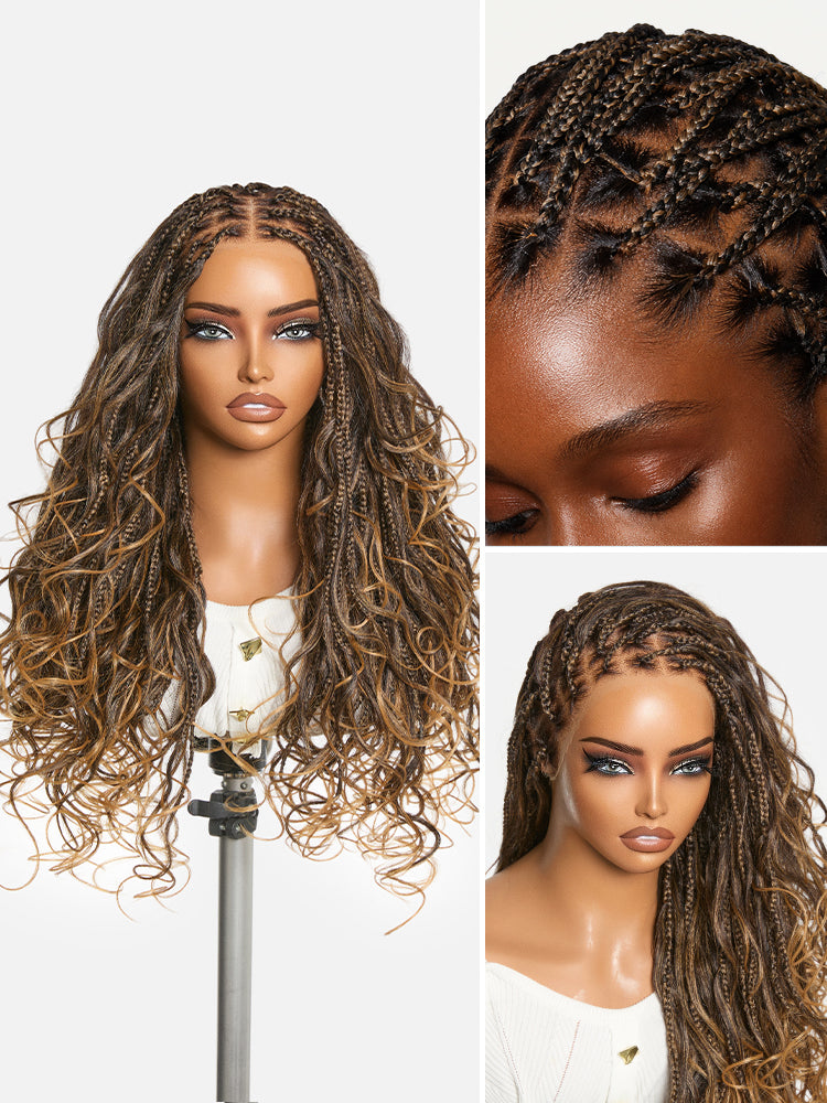 OwnScalp™Ombre Honey Blonde French Curl Knotless Boho Braids HD Full Lace Long Wig Flexi Fit Invisi Drawstring Cap - US Only