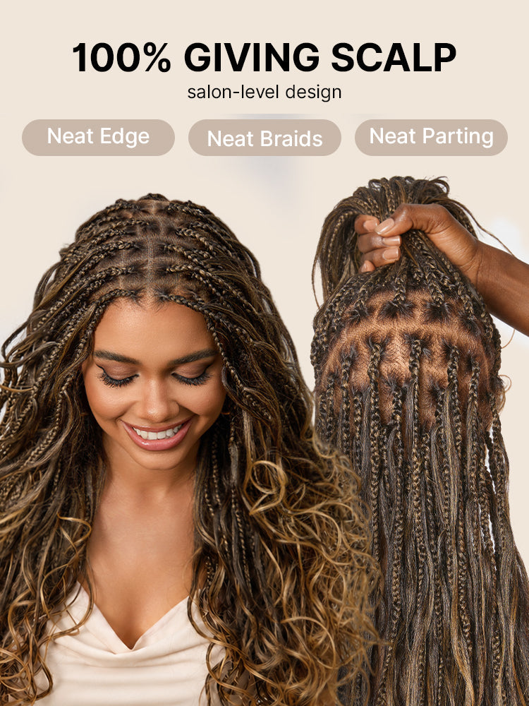 OwnScalp™Ombre Honey Blonde French Curl Knotless Boho Braids HD Full Lace Long Wig Flexi Fit Invisi Drawstring Cap - US Only