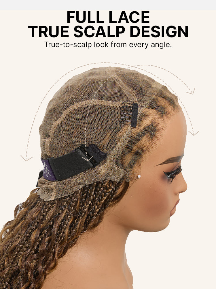 OwnScalp™Ombre Honey Blonde French Curl Knotless Boho Braids HD Full Lace Long Wig Flexi Fit Invisi Drawstring Cap - US Only
