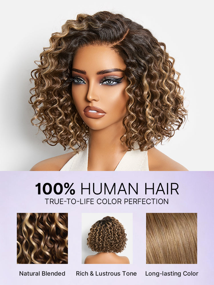 Ready to Go Blonde Highlight / Natural Black / Ombre Brown Water Wave Short Curly Bob Wig Glueless Minimalist HD Lace Wig Pre-Cut Lace
