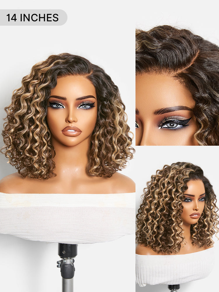 Ready to Go Blonde Highlight / Natural Black / Ombre Brown Water Wave Short Curly Bob Wig Glueless Minimalist HD Lace Wig Pre-Cut Lace