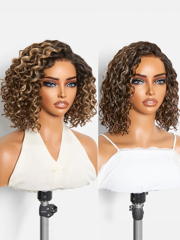 Ready to Go Blonde Highlight / Natural Black / Ombre Brown Water Wave Short Curly Bob Wig Glueless Minimalist HD Lace Wig Pre-Cut Lace