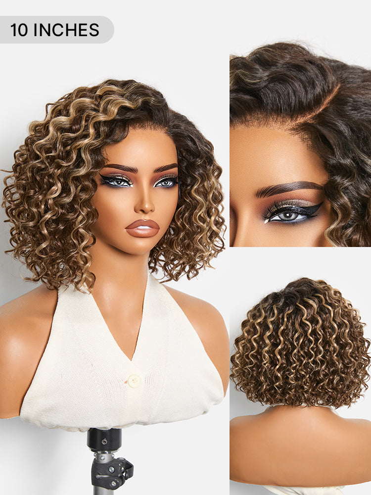 Ready to Go Blonde Highlight / Natural Black / Ombre Brown Water Wave Short Curly Bob Wig Glueless Minimalist HD Lace Wig Pre-Cut Lace