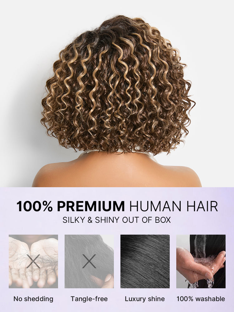 Ready to Go Blonde Highlight / Natural Black / Ombre Brown Water Wave Short Curly Bob Wig Glueless Minimalist HD Lace Wig Pre-Cut Lace