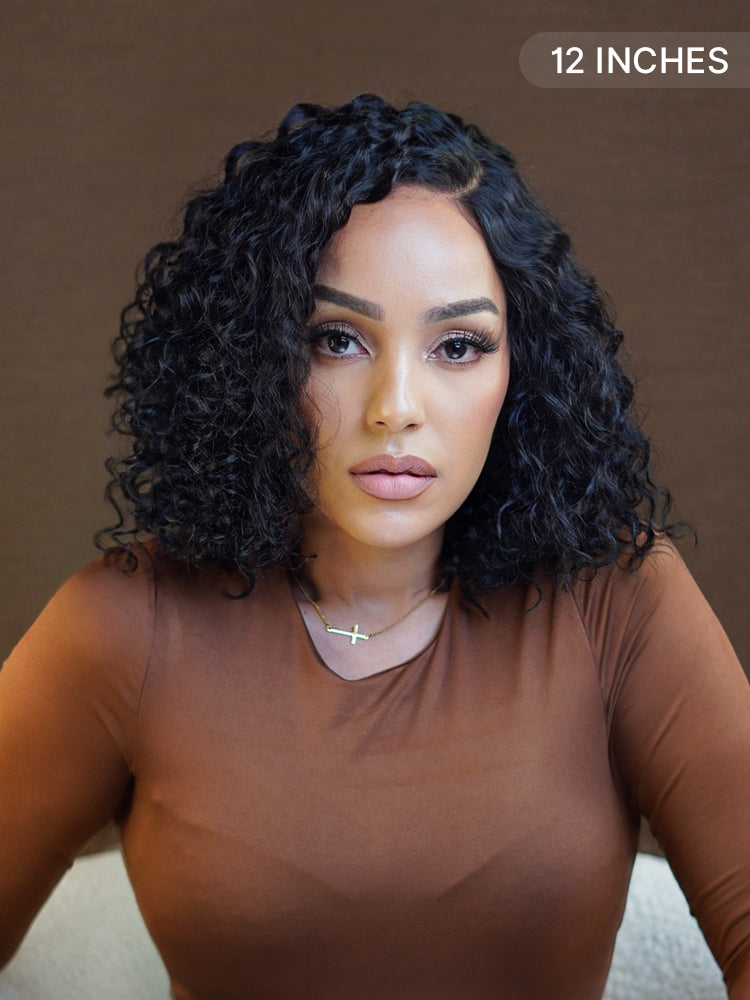 Ready to Go Blonde Highlight / Natural Black / Ombre Brown Water Wave Short Curly Bob Wig Glueless Minimalist HD Lace Wig Pre-Cut Lace