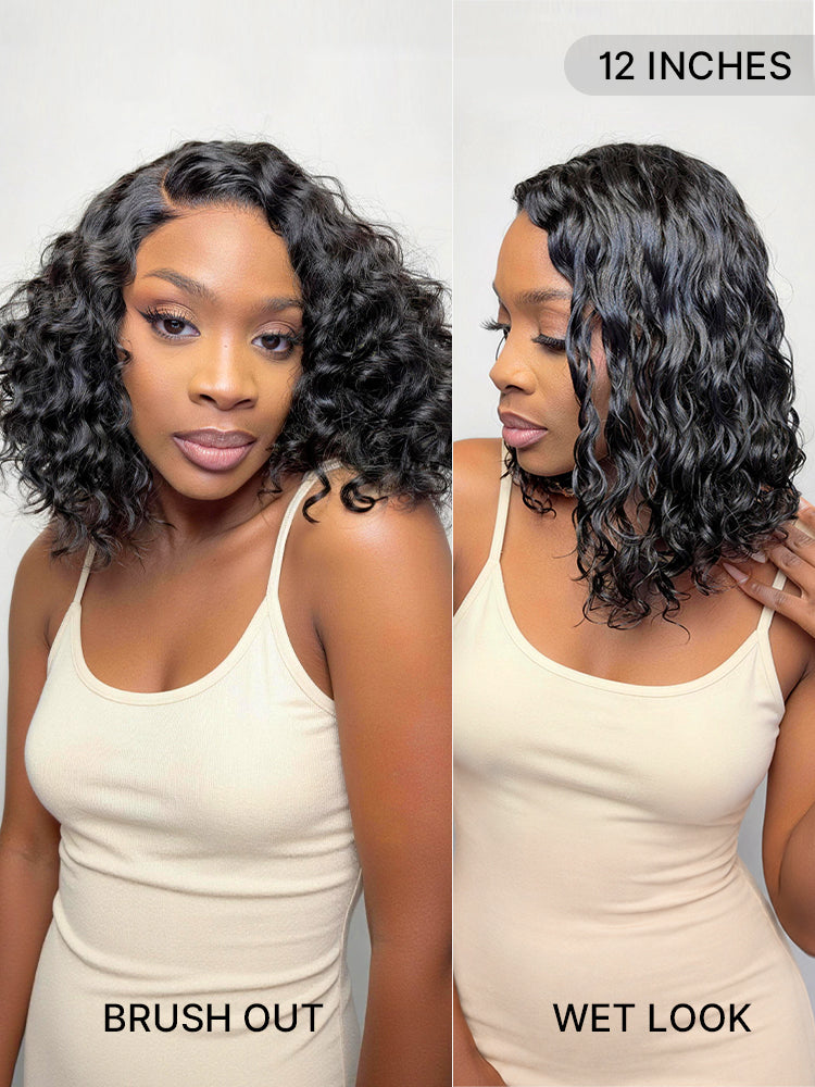 Ready to Go Blonde Highlight / Natural Black / Ombre Brown Water Wave Short Curly Bob Wig Glueless Minimalist HD Lace Wig Pre-Cut Lace