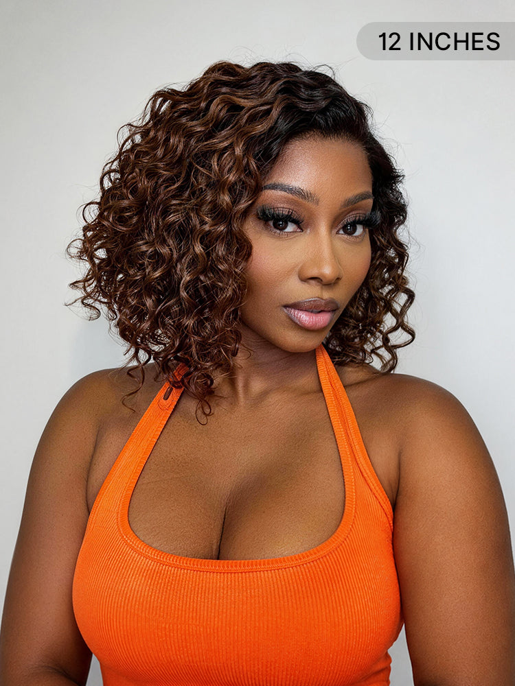 Ready to Go Blonde Highlight / Natural Black / Ombre Brown Water Wave Short Curly Bob Wig Glueless Minimalist HD Lace Wig Pre-Cut Lace