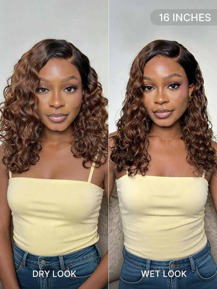 Ready to Go Blonde Highlight / Natural Black / Ombre Brown Water Wave Short Curly Bob Wig Glueless Minimalist HD Lace Wig Pre-Cut Lace