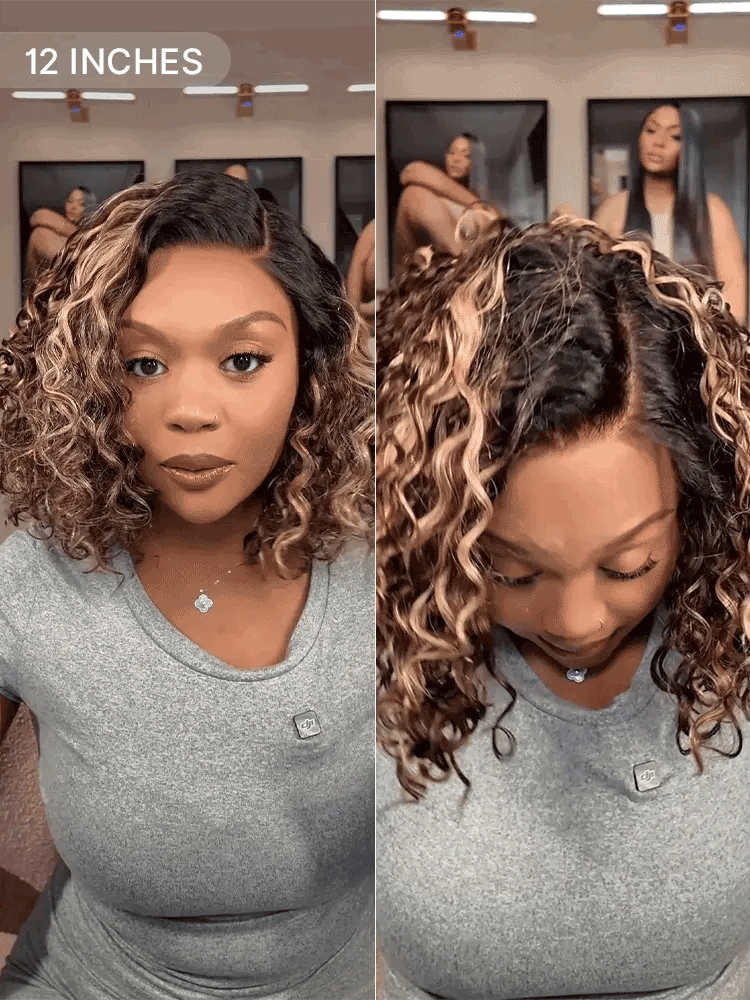 Ready to Go Blonde Highlight / Natural Black / Ombre Brown Water Wave Short Curly Bob Wig Glueless Minimalist HD Lace Wig Pre-Cut Lace