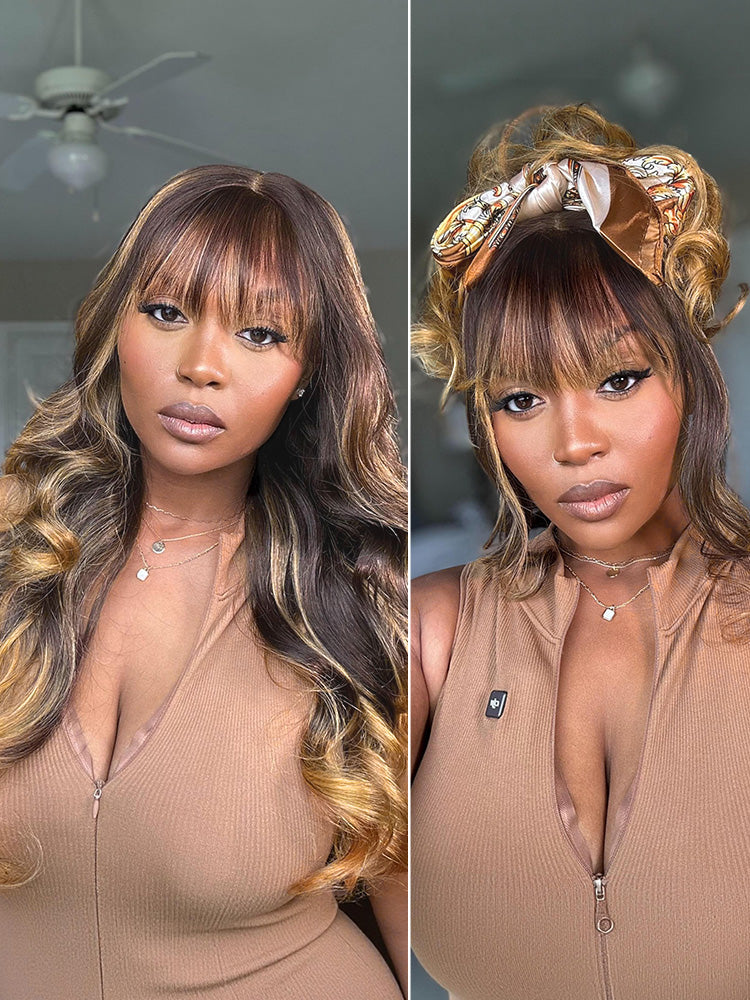 Luvme All-Day Comfort™ Wig 180% Density Ombre Blonde Highlight Loose Body Wave Glueless 7x6 Closure HD Lace Human Hair Wig with Bangs Pre-Cut Lace