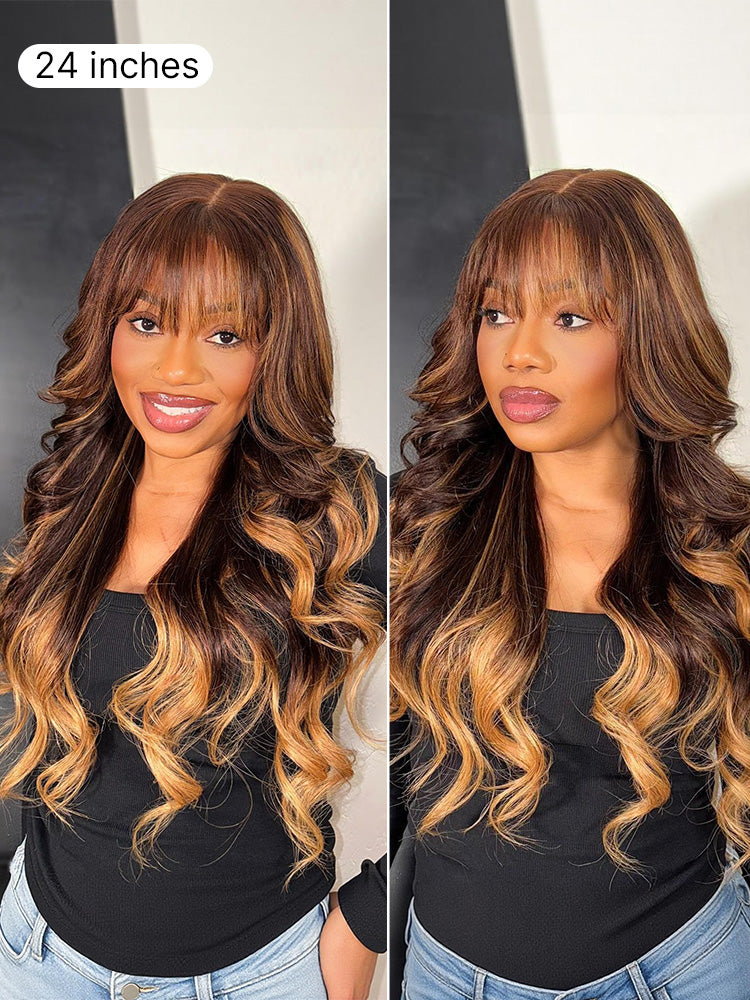 Luvme All-Day Comfort™ Wig 180% Density Ombre Blonde Highlight Loose Body Wave Glueless 7x6 Closure HD Lace Human Hair Wig with Bangs Pre-Cut Lace