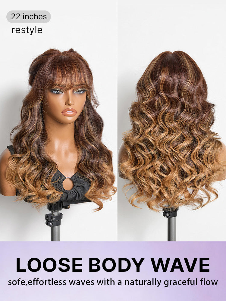 Luvme All-Day Comfort™ Wig 180% Density Ombre Blonde Highlight Loose Body Wave Glueless 7x6 Closure HD Lace Human Hair Wig with Bangs Pre-Cut Lace