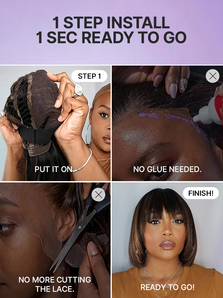 Special Offer | Put On and Go Brown Highlight / Natural Black Layered Cut Yaki Straight Minimalist Lace Bob Wig with Bangs