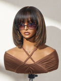 Special Offer | Put On and Go Brown Highlight / Natural Black Layered Cut Yaki Straight Minimalist Lace Bob Wig with Bangs