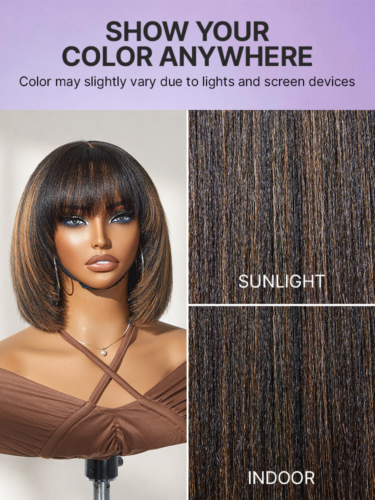 Special Offer | Put On and Go Brown Highlight / Natural Black Layered Cut Yaki Straight Minimalist Lace Bob Wig with Bangs