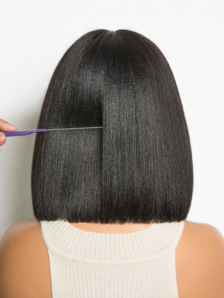 Special Offer | Put On and Go Brown Highlight / Natural Black Layered Cut Yaki Straight Minimalist Lace Bob Wig with Bangs