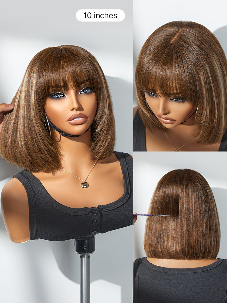 Special Offer | Put On and Go Brown Highlight / Natural Black Layered Cut Yaki Straight Minimalist Lace Bob Wig with Bangs