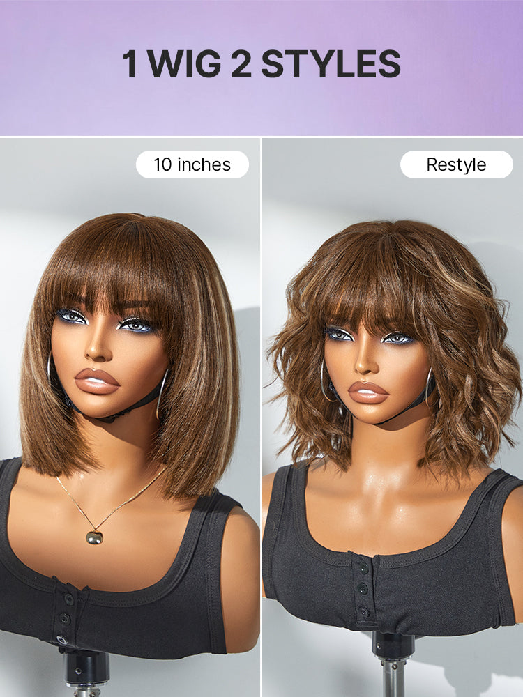 Special Offer | Put On and Go Brown Highlight / Natural Black Layered Cut Yaki Straight Minimalist Lace Bob Wig with Bangs