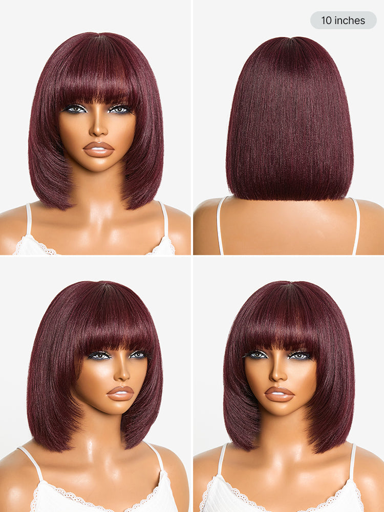 Reddish Purple Realistic Glueless Yaki Straight Bob with Bangs Minimalist Lace Bob Wig All-Day Comfort Cap