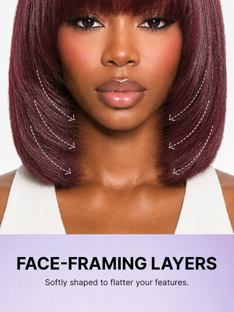 Reddish Purple Realistic Glueless Yaki Straight Bob with Bangs Minimalist Lace Bob Wig All-Day Comfort Cap
