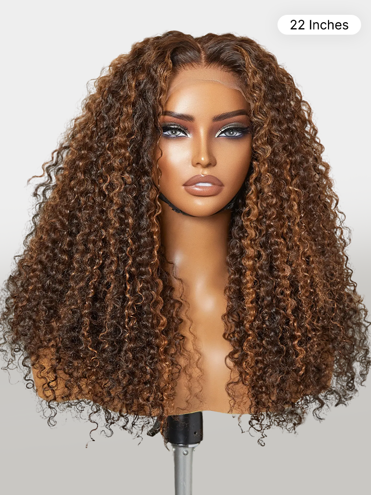 180% Density Copper Highlight Kinky Curly Glueless 5x5 Lace Closure Wig Pre-Cut Lace