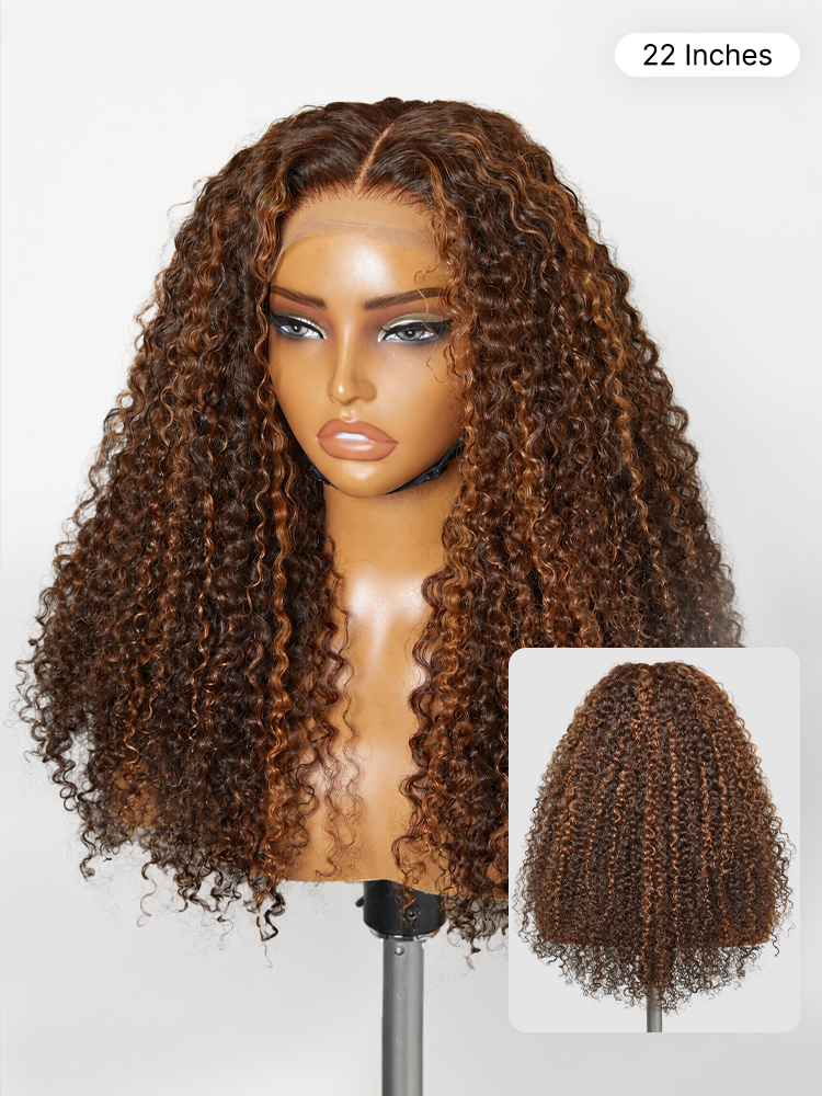 180% Density Copper Highlight Kinky Curly Glueless 5x5 Lace Closure Wig Pre-Cut Lace
