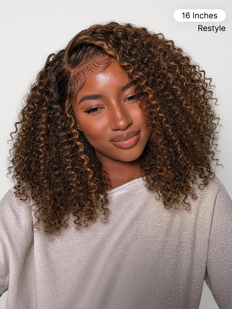 180% Density Copper Highlight Kinky Curly Glueless 5x5 Lace Closure Wig Pre-Cut Lace