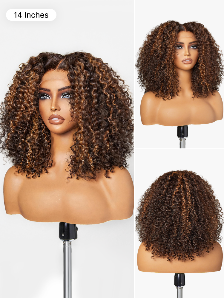 180% Density Copper Highlight Kinky Curly Glueless 5x5 Lace Closure Wig Pre-Cut Lace