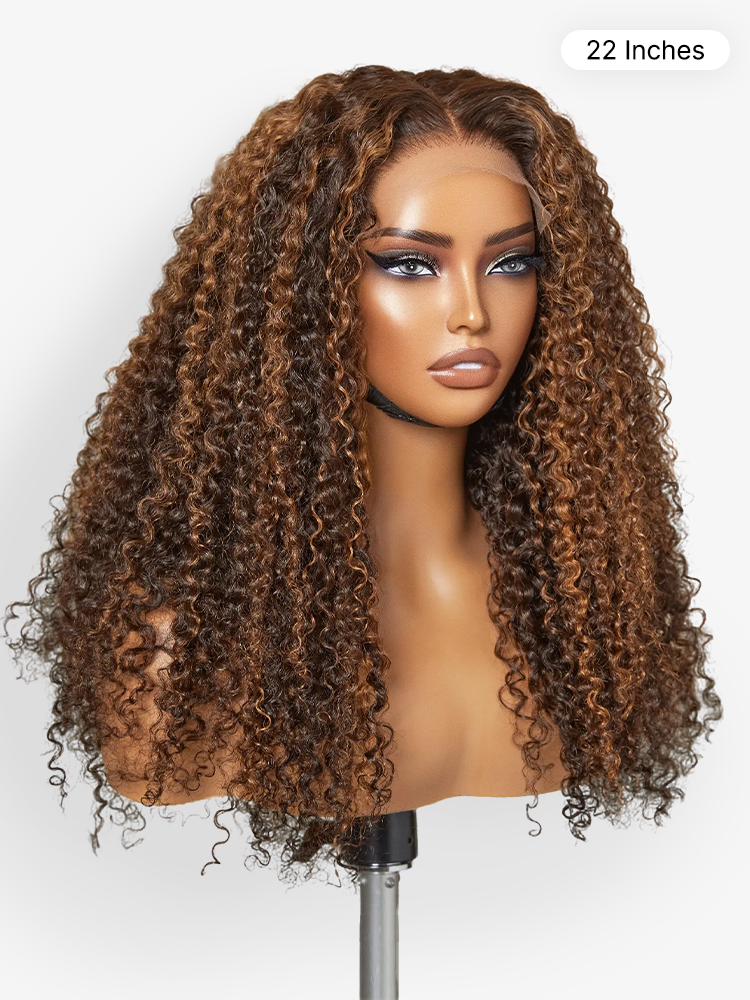 180% Density Copper Highlight Kinky Curly Glueless 5x5 Lace Closure Wig Pre-Cut Lace