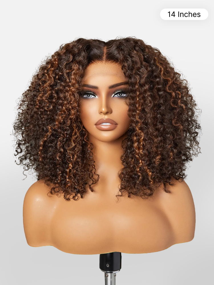 180% Density Copper Highlight Kinky Curly Glueless 5x5 Lace Closure Wig Pre-Cut Lace