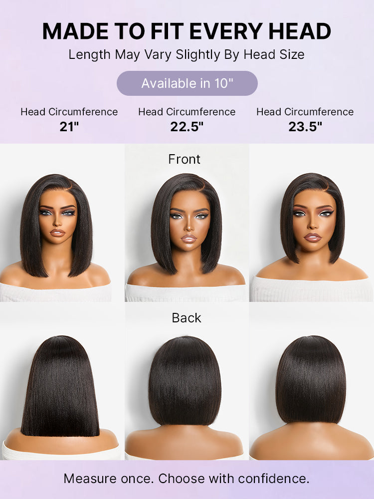 200% Density Natrual Black Yaki Straight Bob Glueless Minimalist Lace Wig Pre-cut Lace All-Day Comfort Cap