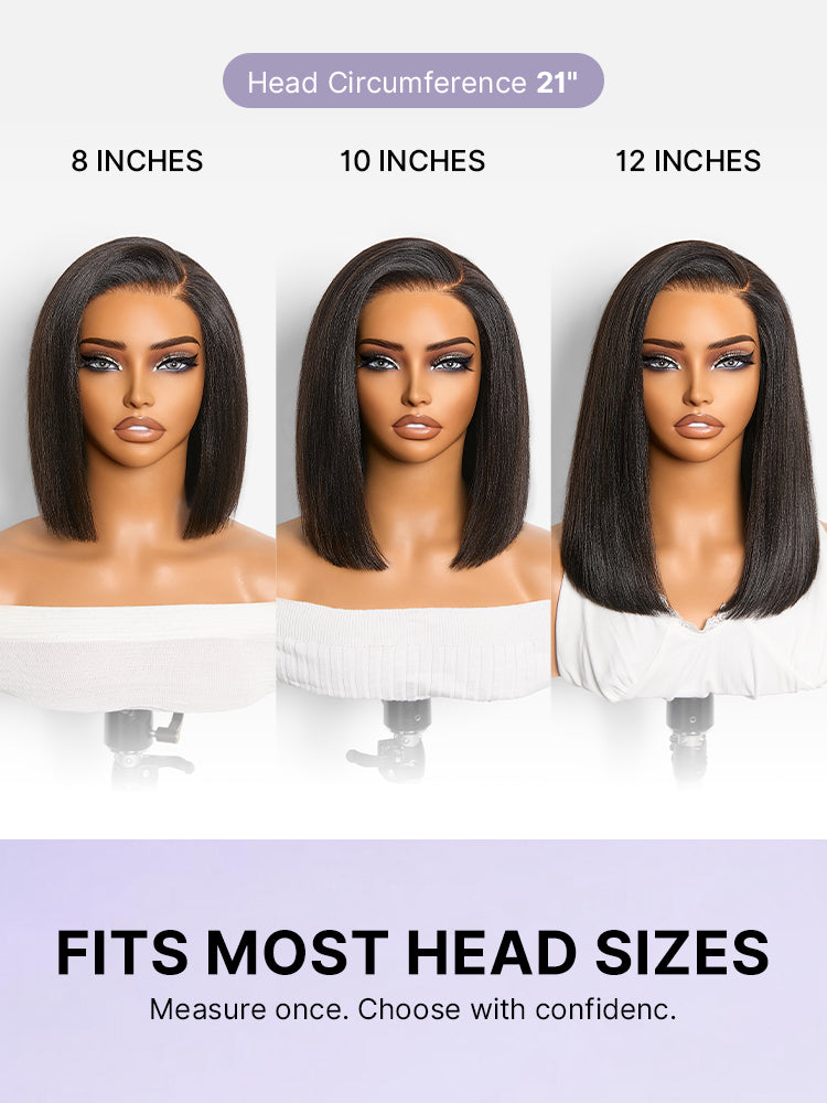 200% Density Natrual Black Yaki Straight Bob Glueless Minimalist Lace Wig Pre-cut Lace All-Day Comfort Cap
