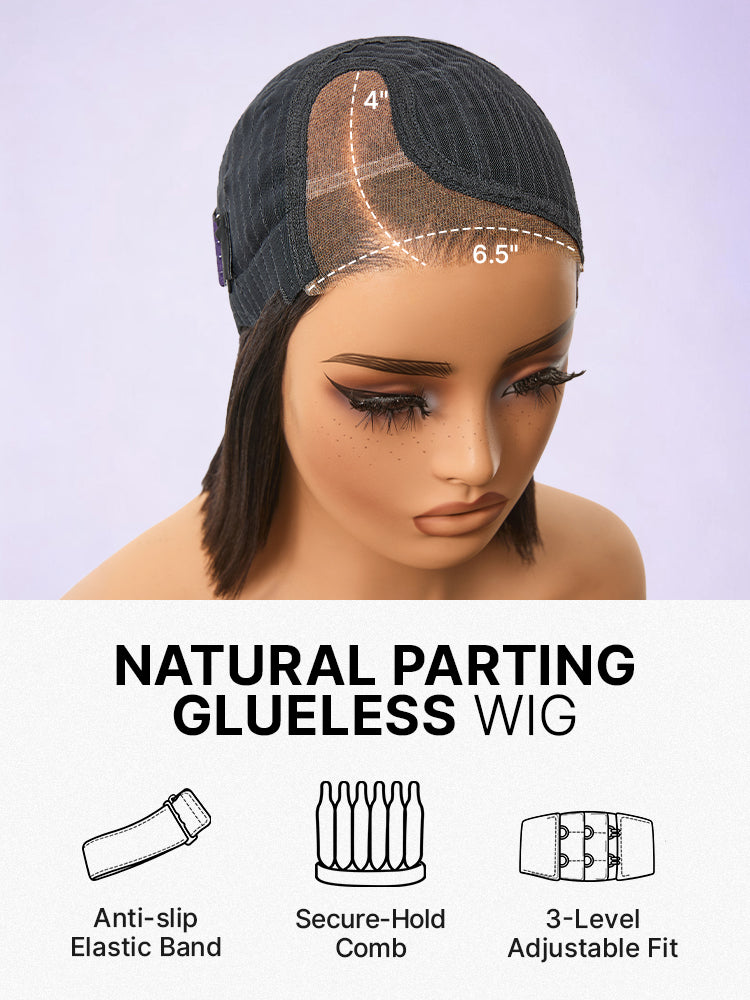200% Density Natrual Black Yaki Straight Bob Glueless Minimalist Lace Wig Pre-cut Lace All-Day Comfort Cap