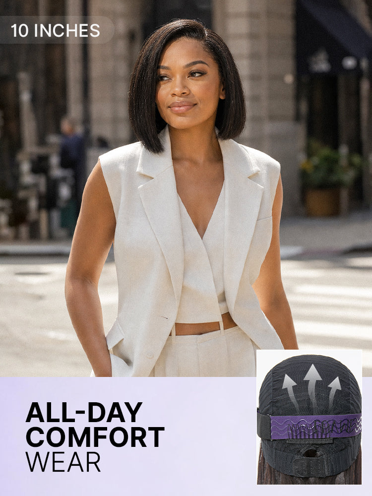 200% Density Natrual Black Yaki Straight Bob Glueless Minimalist Lace Wig Pre-cut Lace All-Day Comfort Cap
