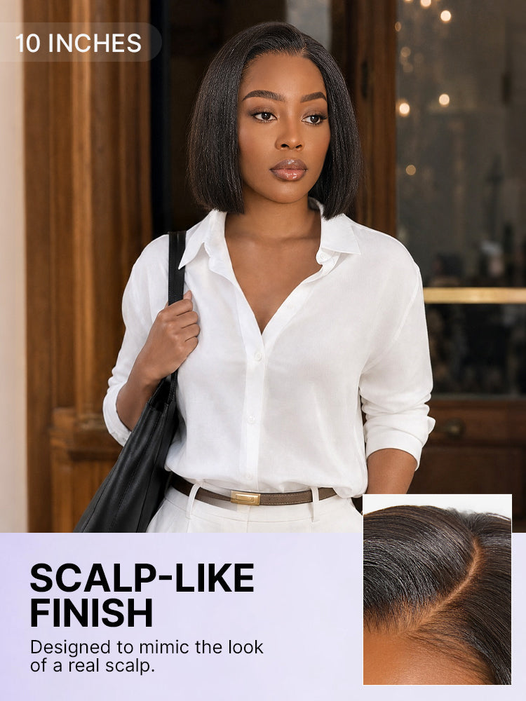 200% Density Natrual Black Yaki Straight Bob Glueless Minimalist Lace Wig Pre-cut Lace All-Day Comfort Cap