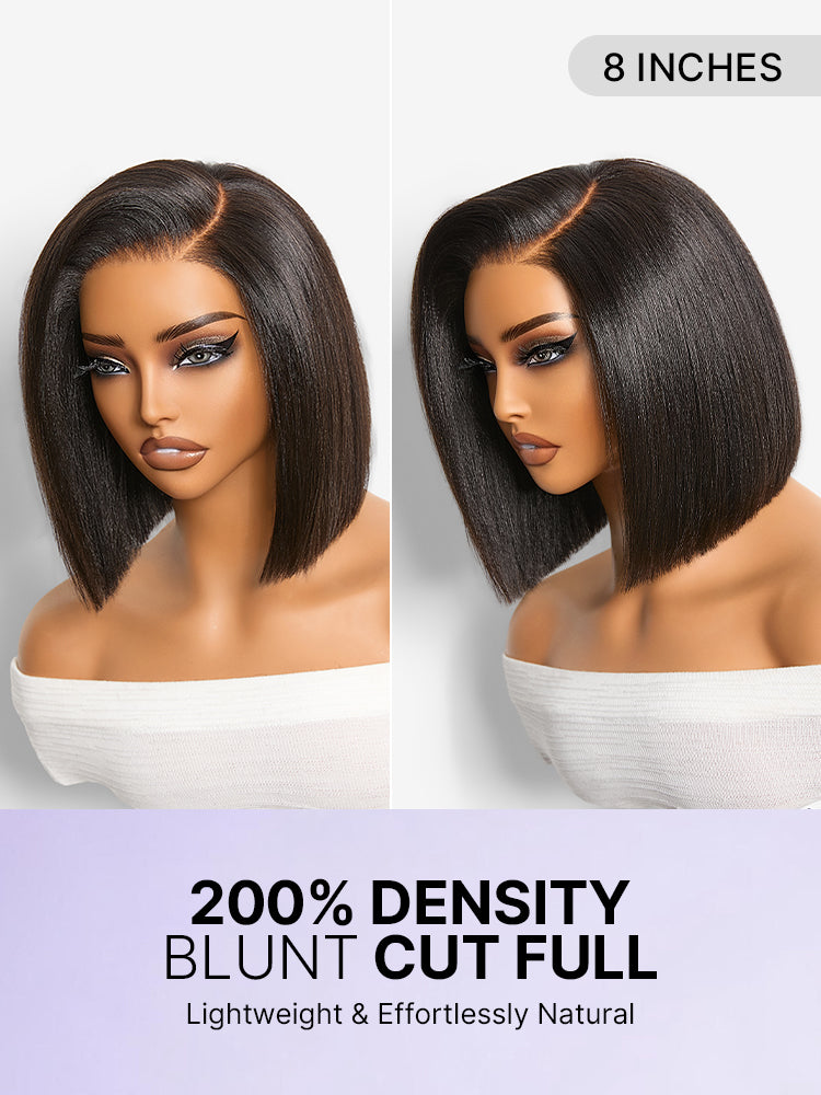 200% Density Natrual Black Yaki Straight Bob Glueless Minimalist Lace Wig Pre-cut Lace All-Day Comfort Cap