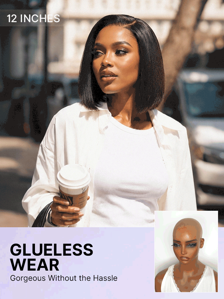 200% Density Natrual Black Yaki Straight Bob Glueless Minimalist Lace Wig Pre-cut Lace All-Day Comfort Cap