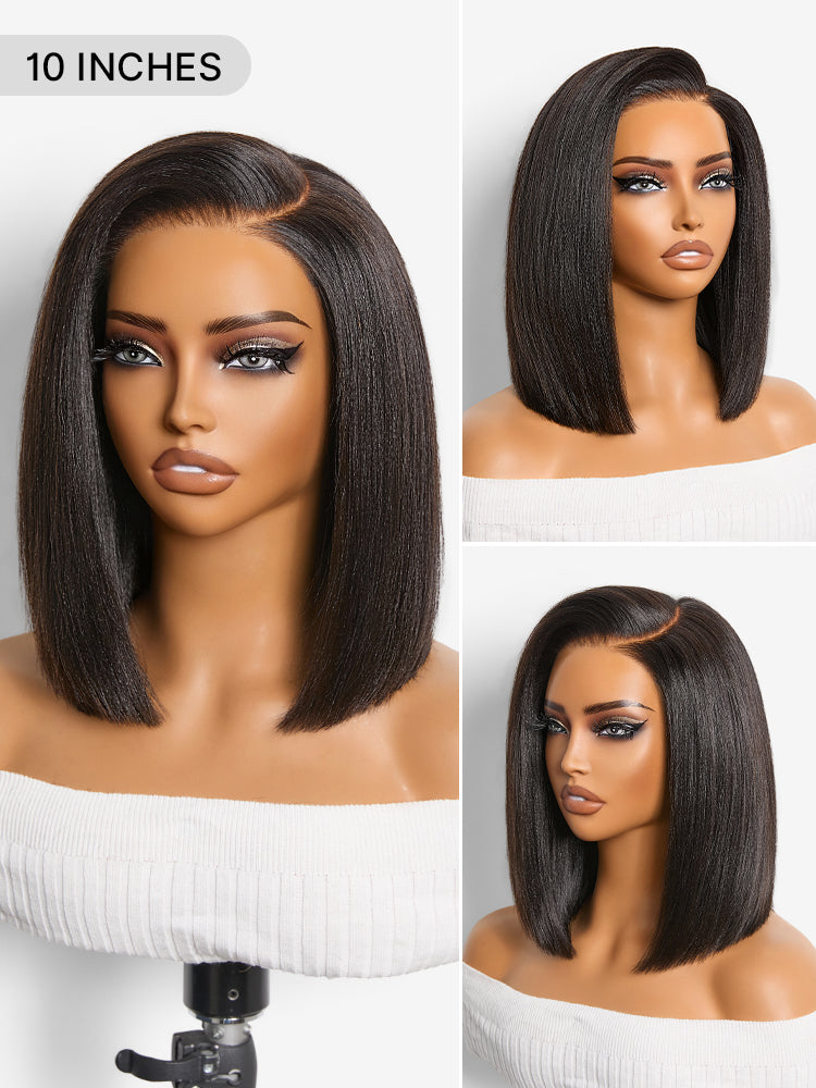 200% Density Natrual Black Yaki Straight Bob Glueless Minimalist Lace Wig Pre-cut Lace All-Day Comfort Cap