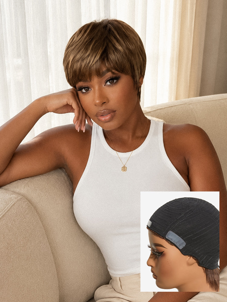 New Customers Only | Throw On & Go Short Cut with Bangs Wig Ultra Comfort Cotton Cap Glueless Wig Hair Loss Friendly