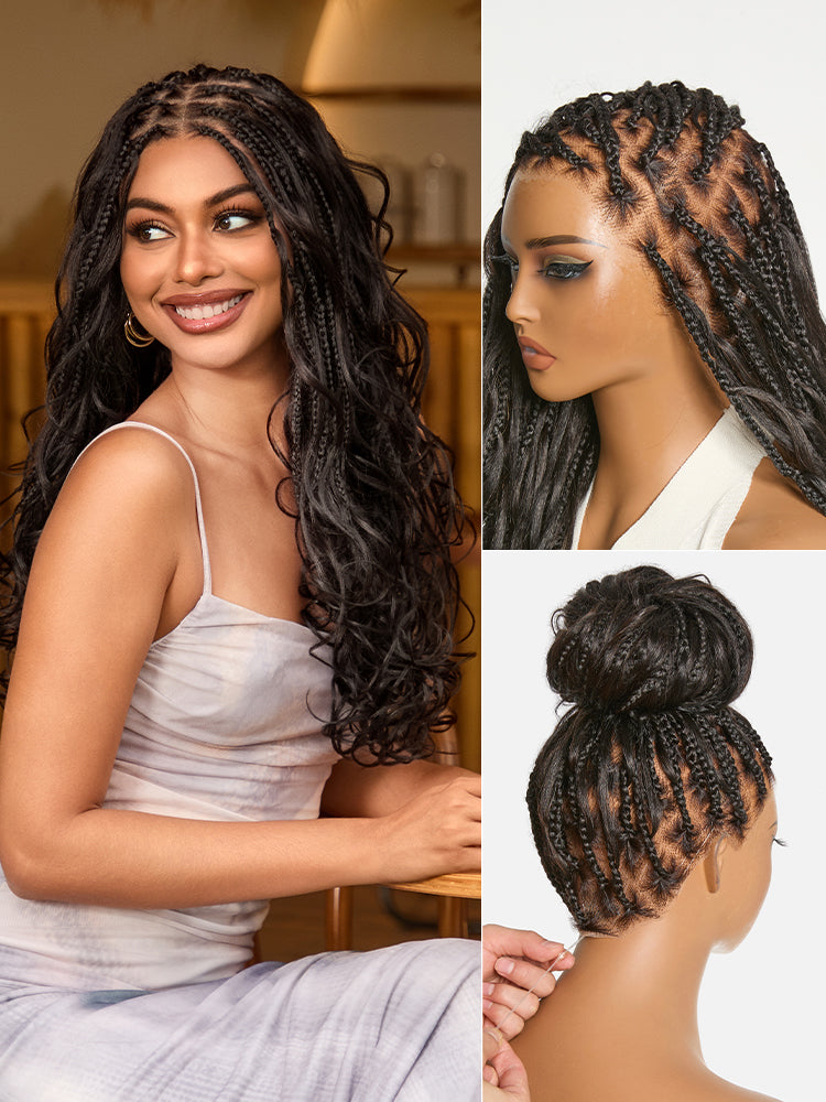 OwnScalp™ French Curl Knotless Boho Braids HD Full Lace Long Wig Flexi Fit Invisi Drawstring Cap - US Only