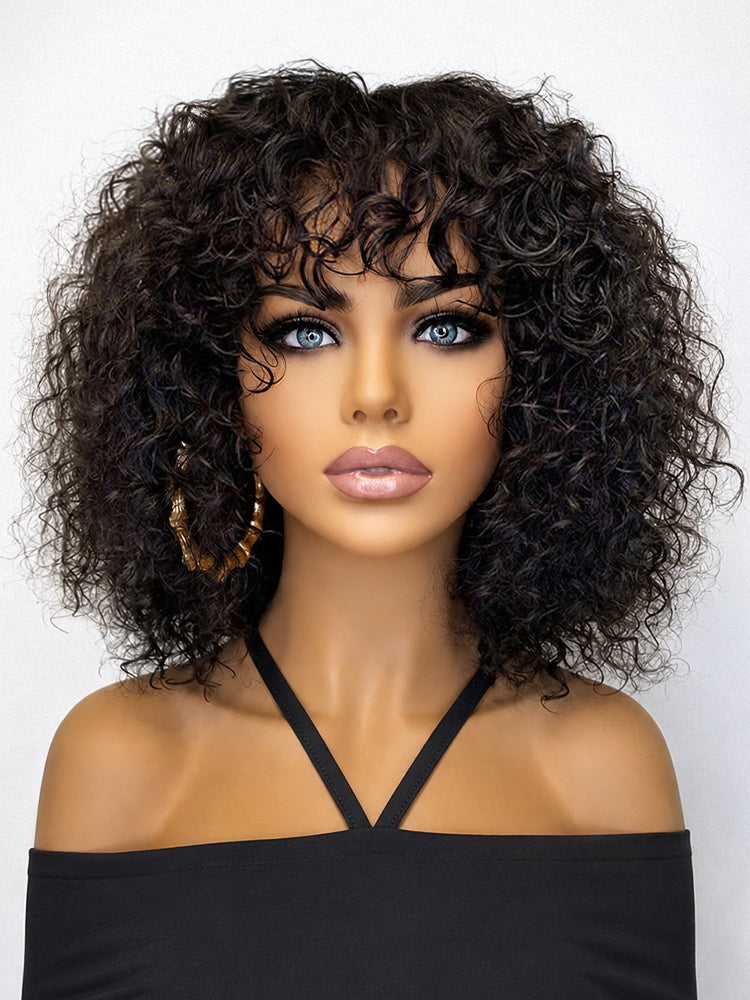 Beginner Friendly Water Wave Minimalist Lace Glueless Short Curly Wig with Bangs
