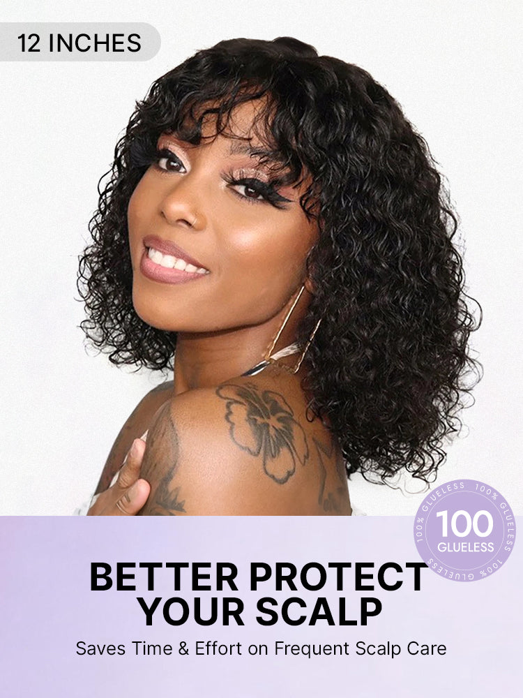 Beginner Friendly Water Wave Minimalist Lace Glueless Short Curly Wig with Bangs