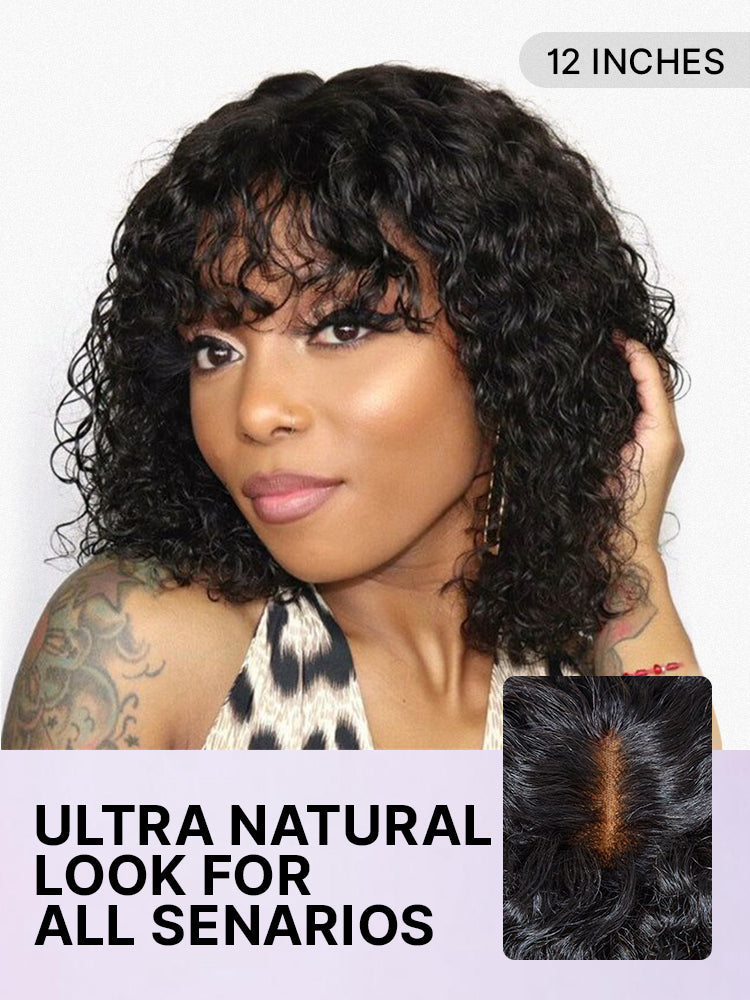 Beginner Friendly Water Wave Minimalist Lace Glueless Short Curly Wig with Bangs