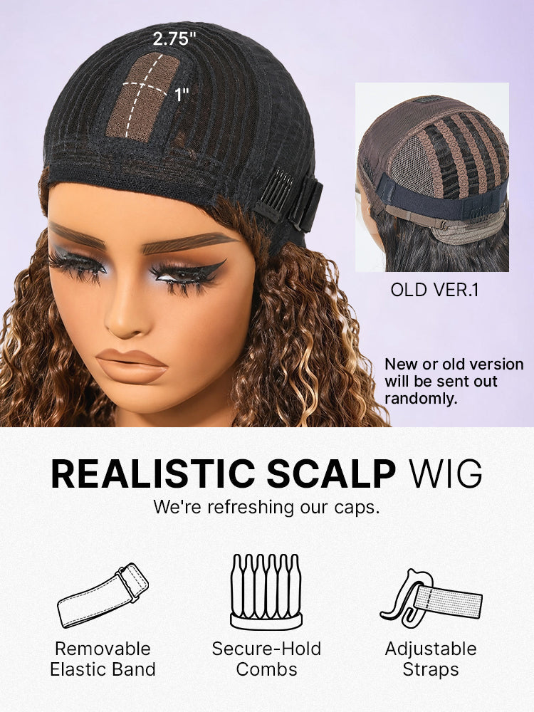 Beginner Friendly Water Wave Minimalist Lace Glueless Short Curly Wig with Bangs