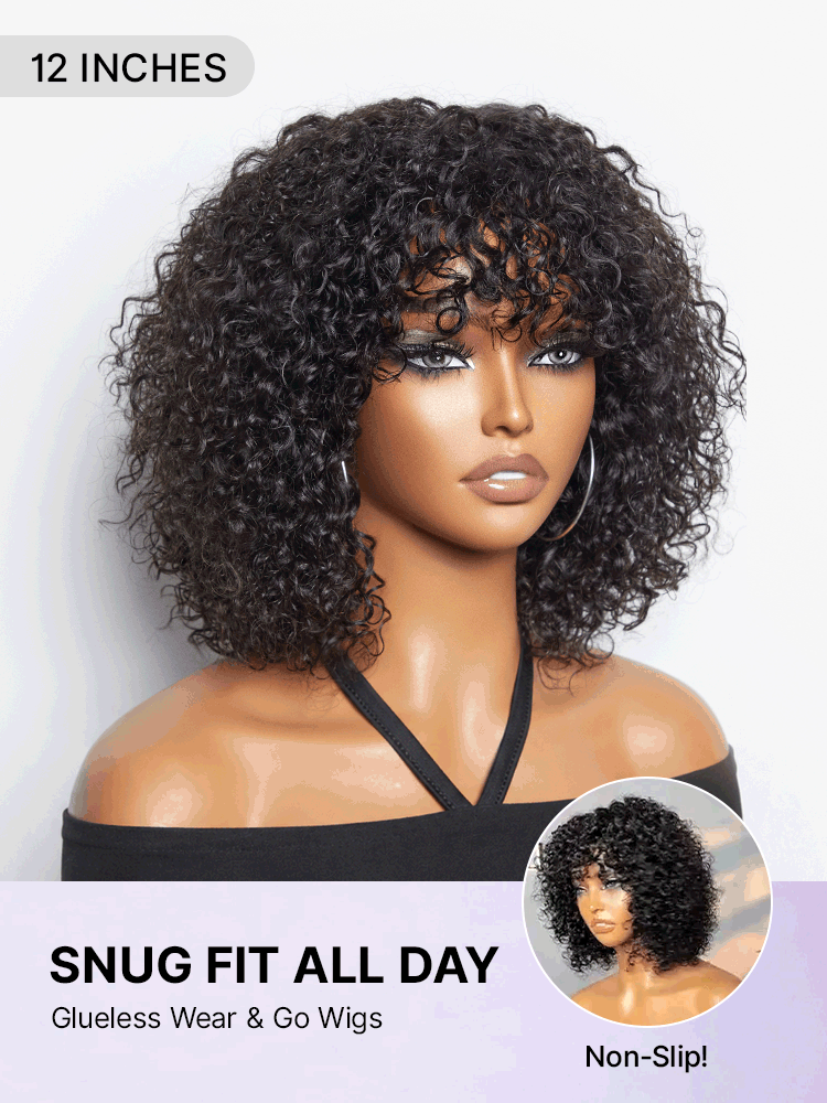 Beginner Friendly Water Wave Minimalist Lace Glueless Short Curly Wig with Bangs