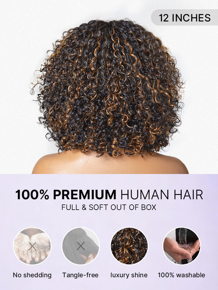 Beginner Friendly Water Wave Minimalist Lace Glueless Short Curly Wig with Bangs
